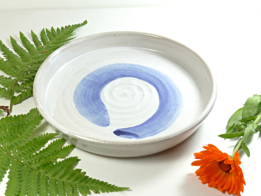 Blue Swirl and White Stoneware Medium sized Plate Pottery Ceramic Handmade