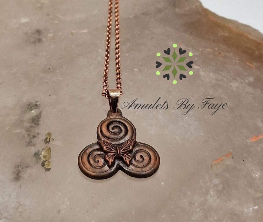 Recycled Copper Triskele Pendant with Butterfly in Centre, Necklace.