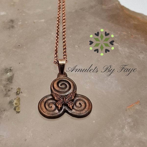 Recycled Copper Triskele Pendant with Butterfly in Centre, Necklace.