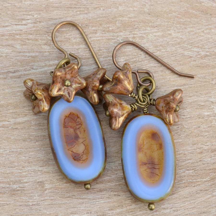 Royal Blue Czech Picasso Glass Bead & Beige Flower Cup Earrings