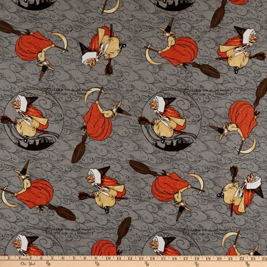 Fat Quarter Goose Tales Witch On Grey 100% Cotton Print Fabric