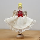 'Cream spot fabric & red gingham bodice' Handmade Peg Doll (Blonde hair)