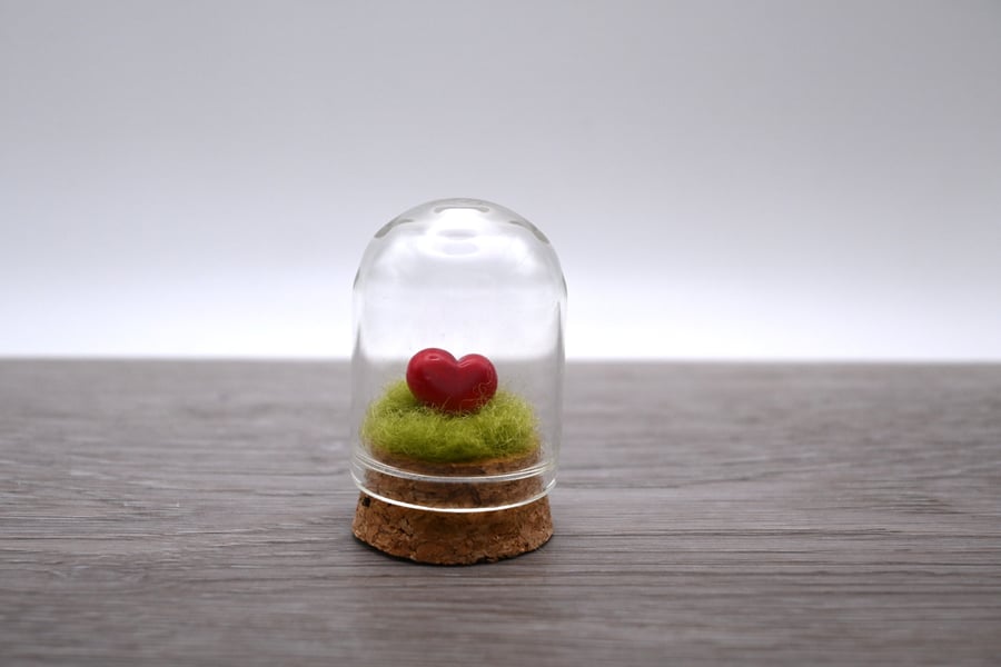 small glass heart in cloche jar