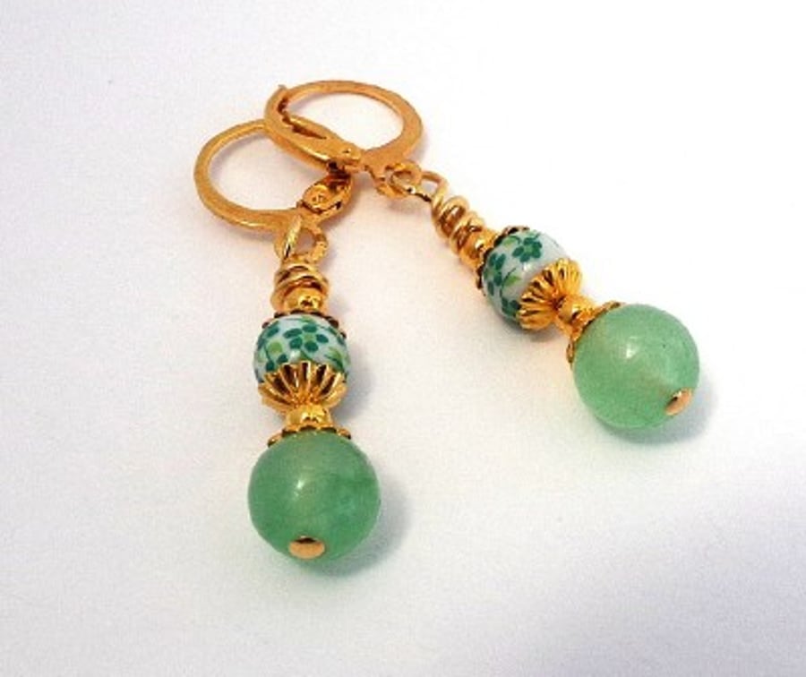 Green and White Ceramic and  Green Aventurine Earrings