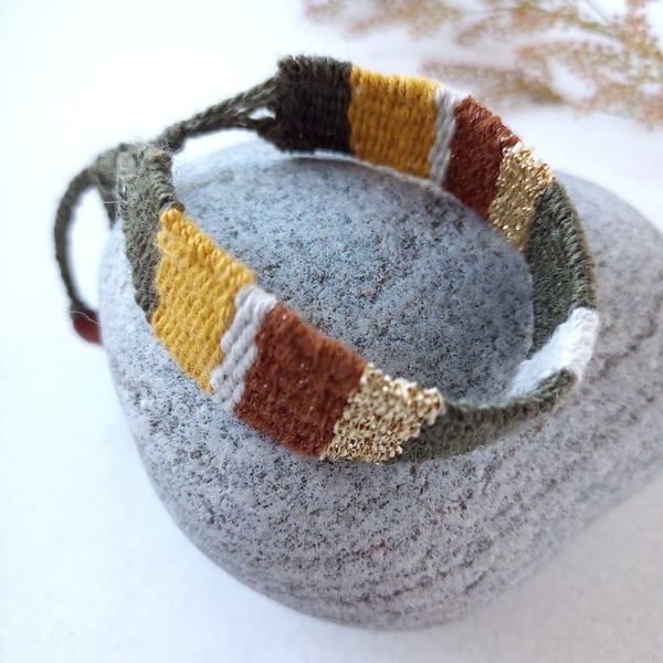 Hand Woven Friendship Bracelet in Olive, Gold, Tan and Pale Grey