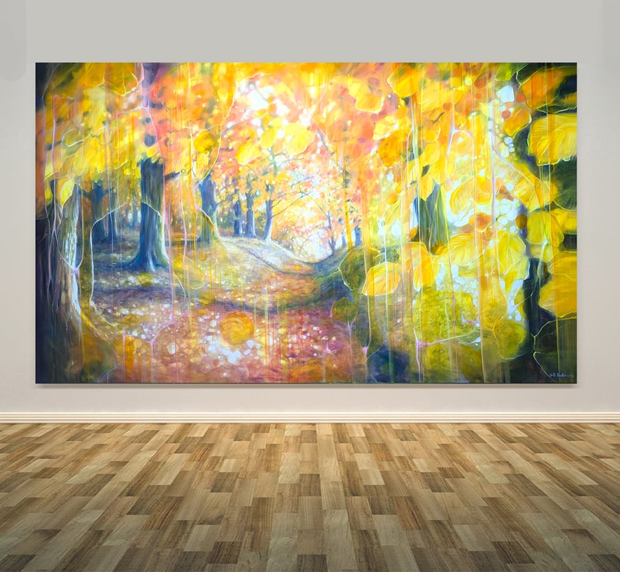 The Autumn Portal is a large otherworldly oil painting of an autumn forest path
