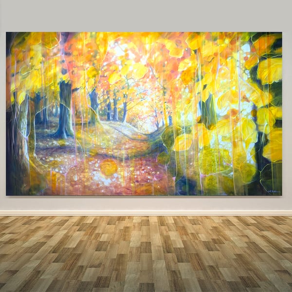 The Autumn Portal is a large otherworldly oil painting of an autumn forest path