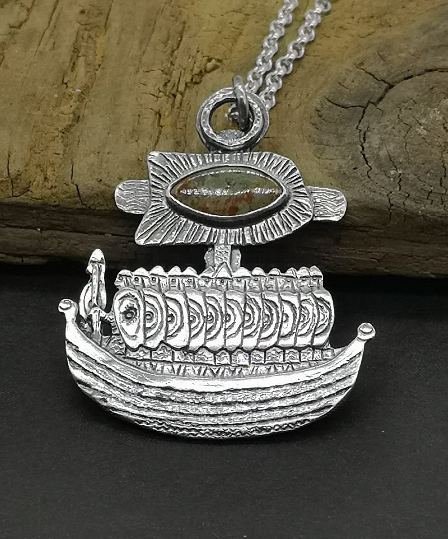 Viking Ship Pendant with Scottish Lewisian Stone