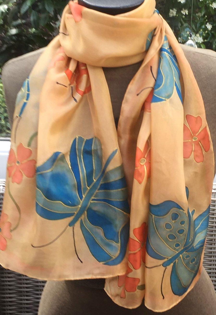 Blue Butterfly hand painted silk scarf