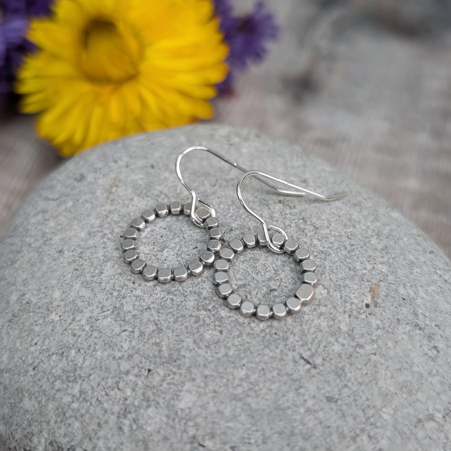 Sterling Silver Beaded Oxidised Circle Earrings