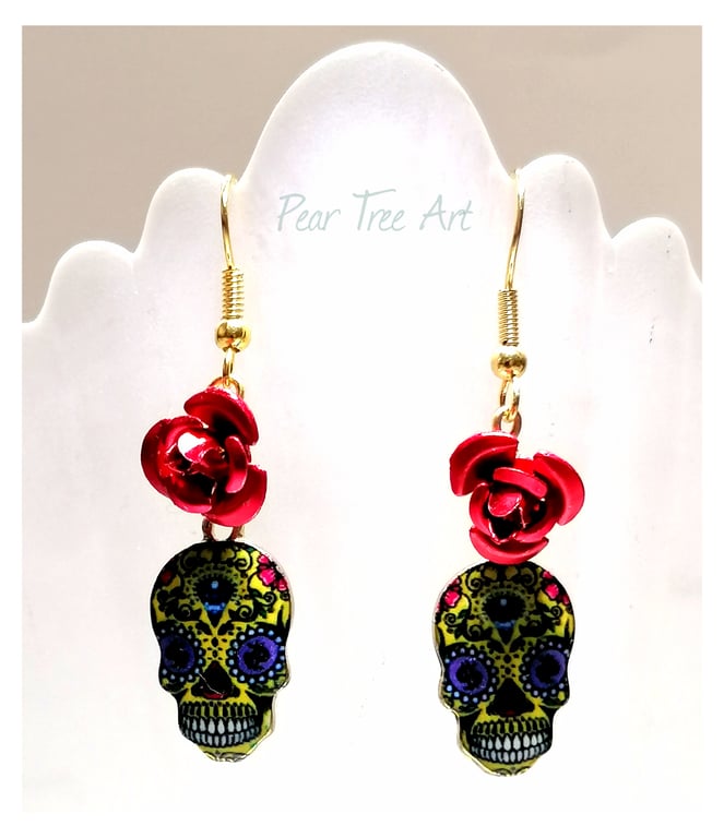 Yellow Sugar Skull Earrings with Red Metal Roses 