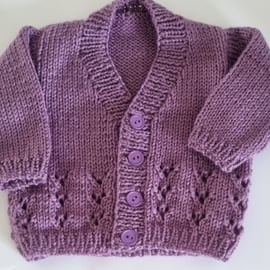 0 to 3 months hand knitted baby cardigan in purple