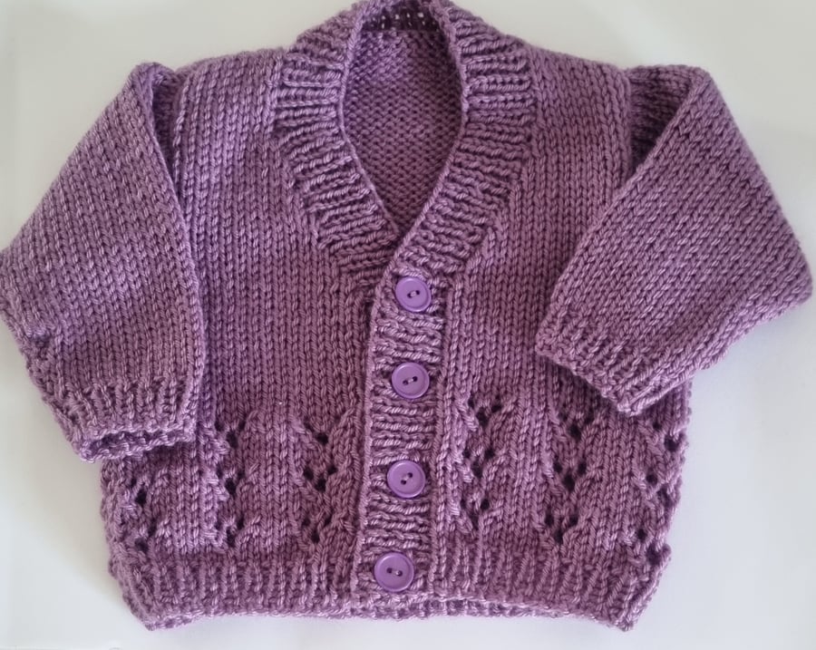 0 to 3 months hand knitted baby cardigan in purple