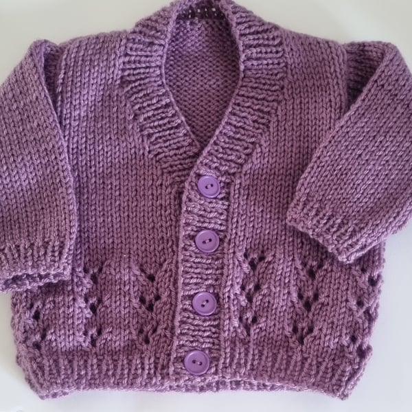 0 to 3 months hand knitted baby cardigan in purple