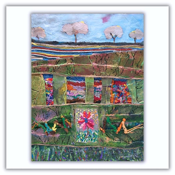 An original mixed media landscape - needlepoint - glazed box frame - abstract