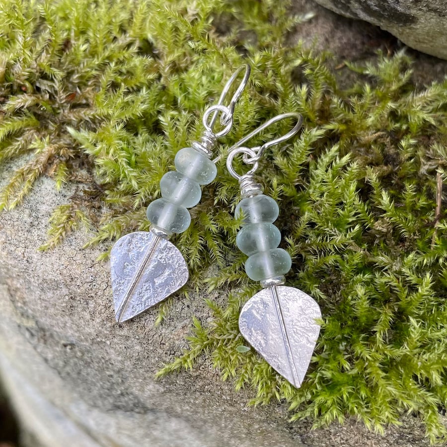 Silver and aqua sea glass long spear earrings
