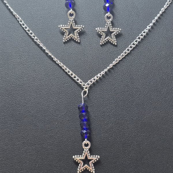 Silver star with blue glass beads necklace and earrings jewellery set