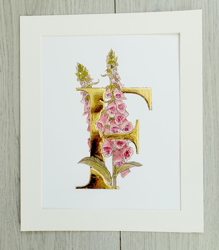 Perfectly Imperfect Watercolour Foxglove Flowers with Gold Leaf Art 