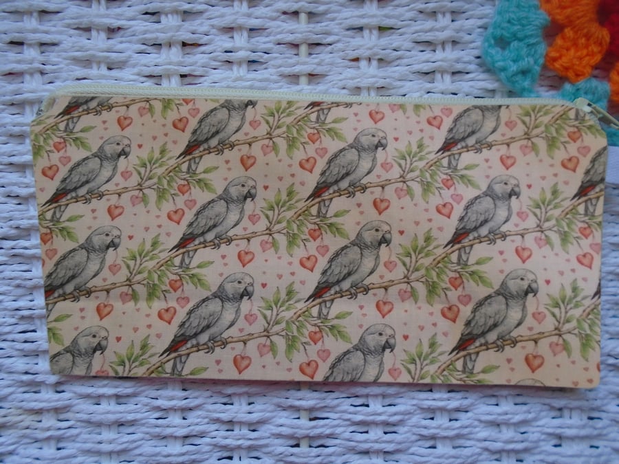 African Grey Parrot Pencil Case or Small Make Up Bag 