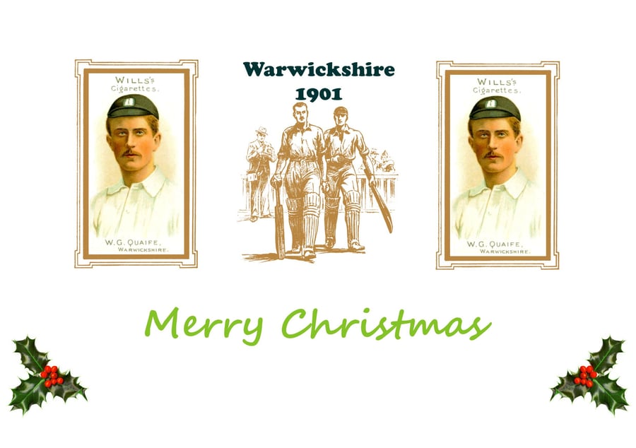 Christmas card cricket vintage 1901 design. Warwickshire, W G Quaife.FREE UK P&P