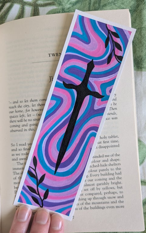 Handmade Pink and Blue Swirl Sword and Leaves Bookmark
