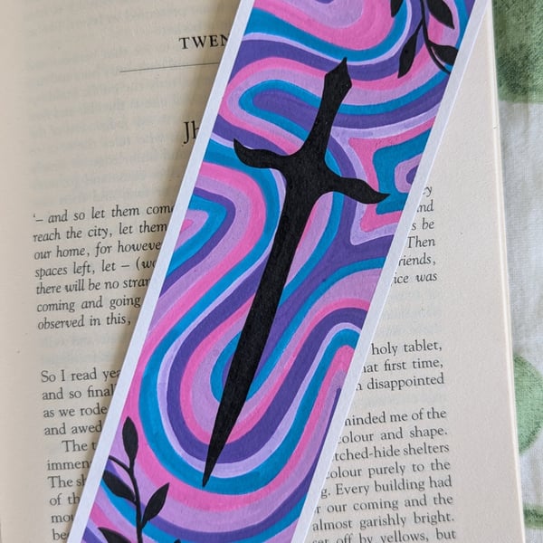 Handmade Pink and Blue Swirl Sword and Leaves Bookmark