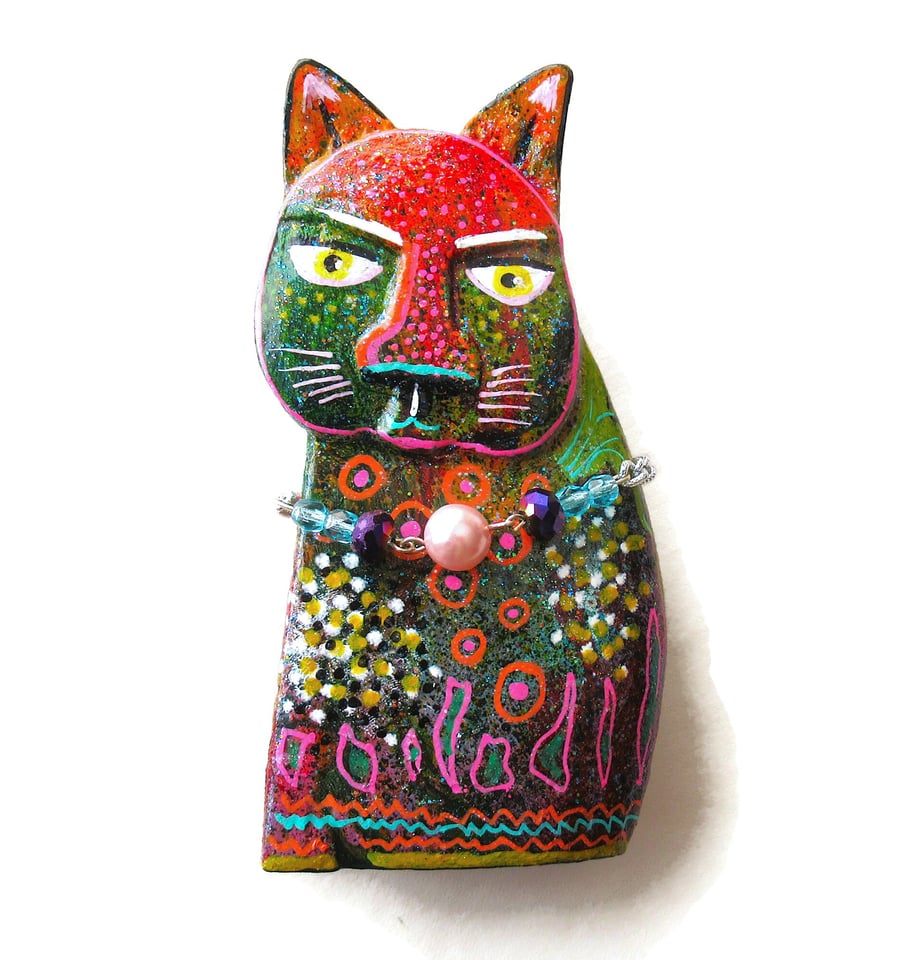 Hand Painted Cat Sculpture Figurine OOAK Wooden Colourful Kitty Figure Statue
