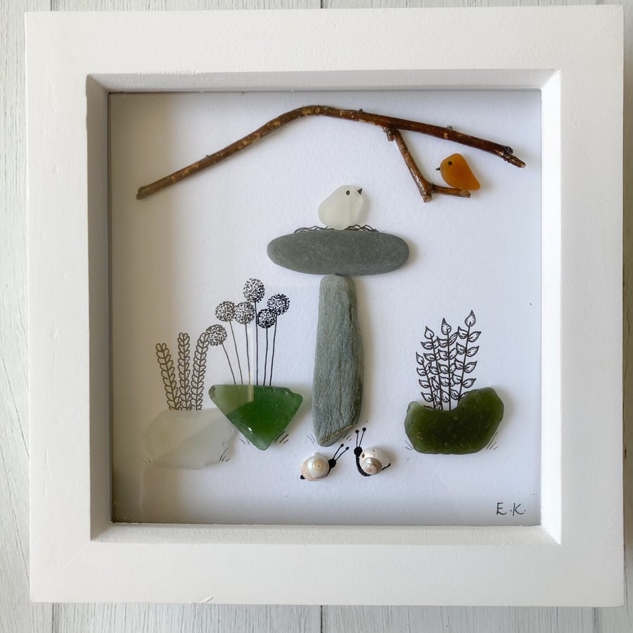 Sale-Framed garden art made with Cornish beach finds 