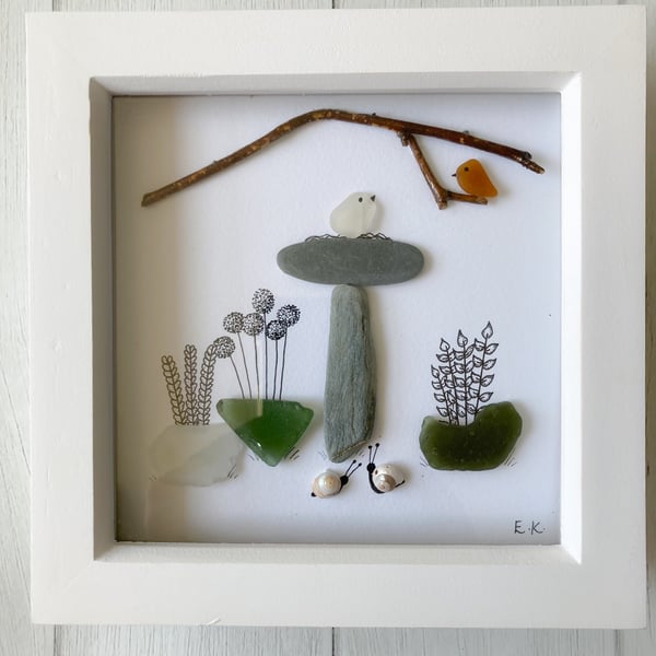 Framed garden art made with Cornish beach finds 