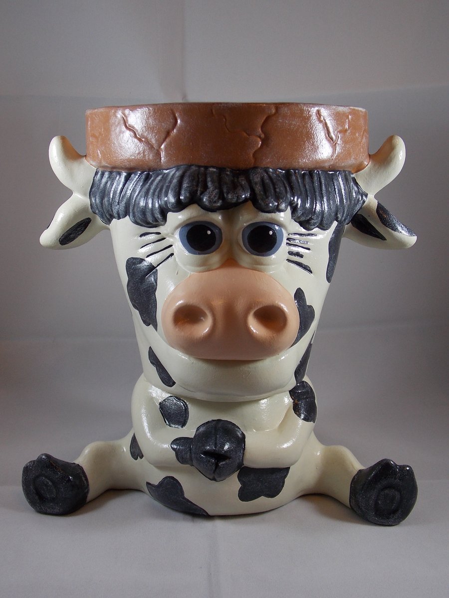 Ceramic Hand Painted Black & White Cow Animal Garden Flower Herb Plant Pot.