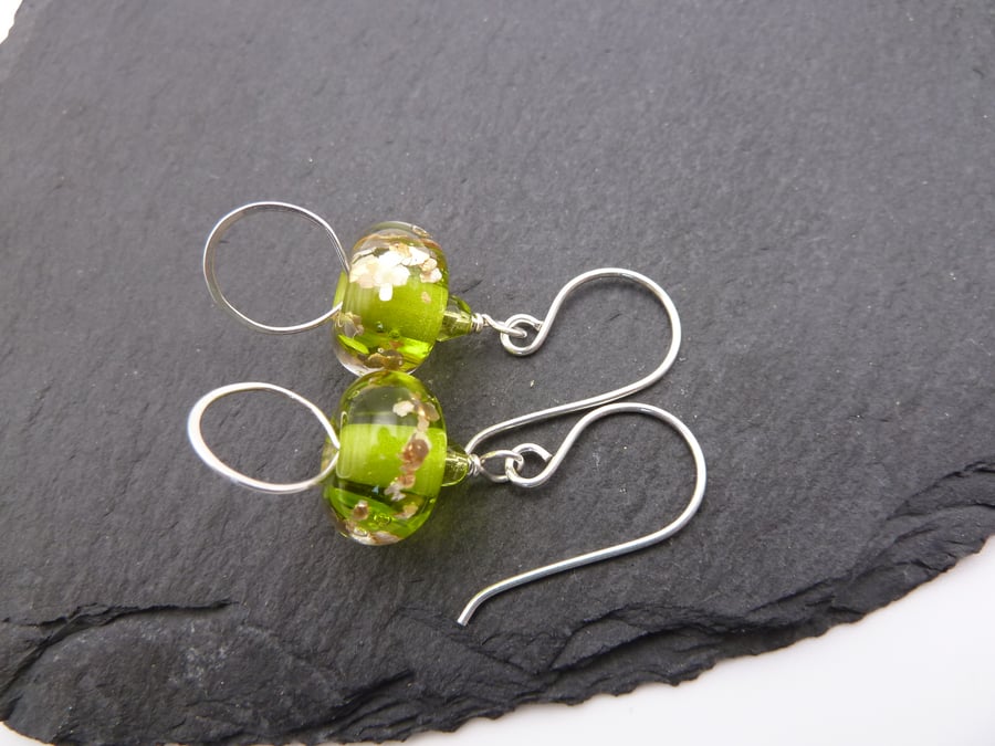 sterling silver earrings, green lampwork glass and glitter jewellery