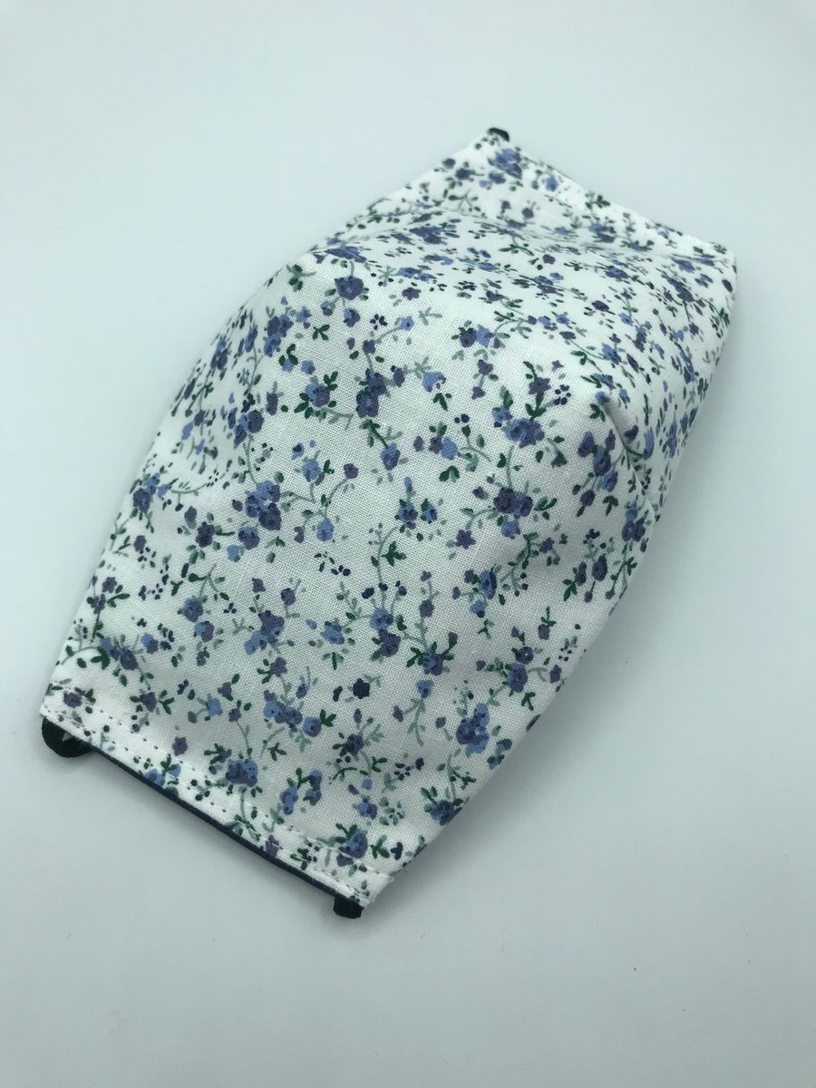 Ditsy Floral and navy Triple Layer Face Mask. Double Sided. 100% Cotton Fabric.