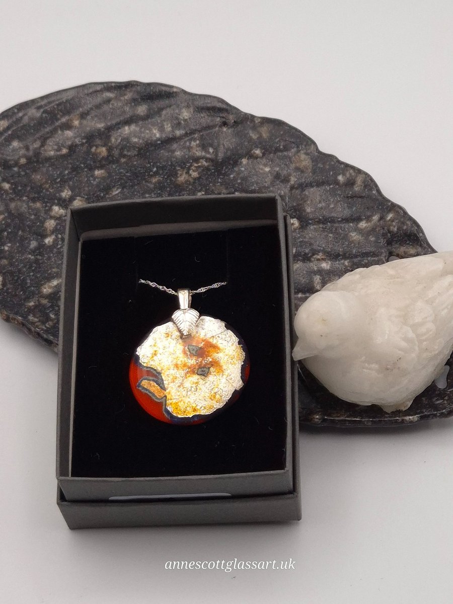 Image of Red Round Fused Glass Reactions Pendant with Real Silver Leaf Inclusion