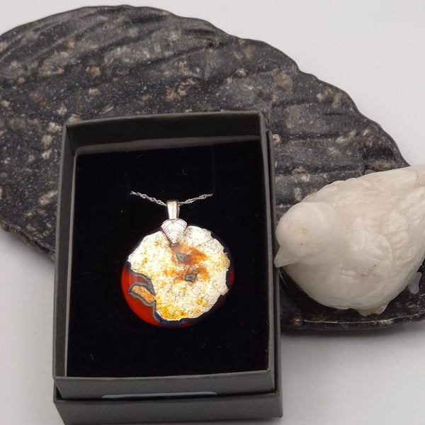 Red Round Fused Glass Reactions Pendant with Real Silver Leaf Inclusion