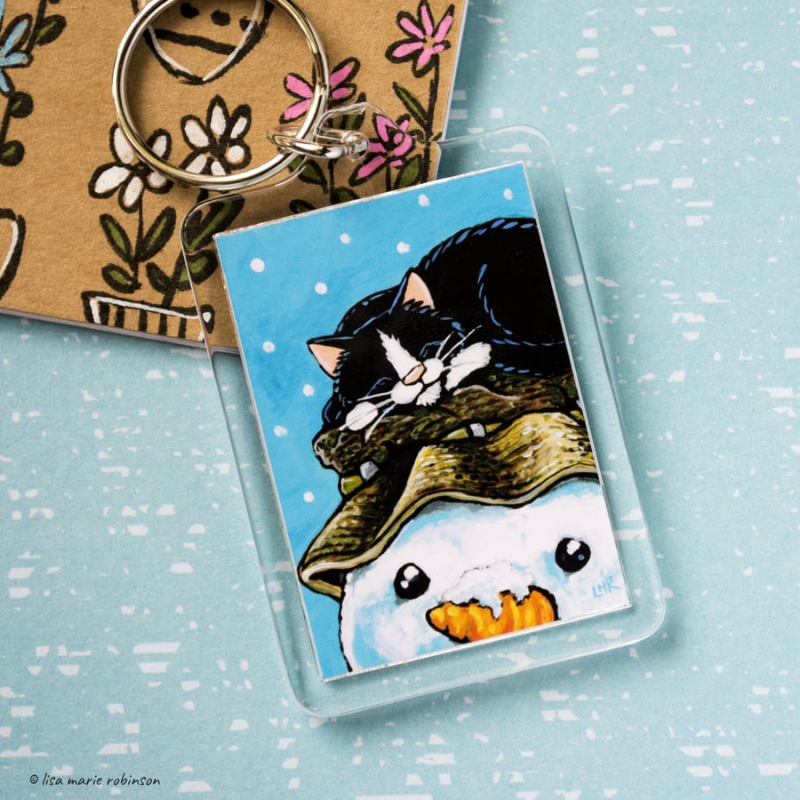 Sleeping Cat and Snowman Keyring - Large