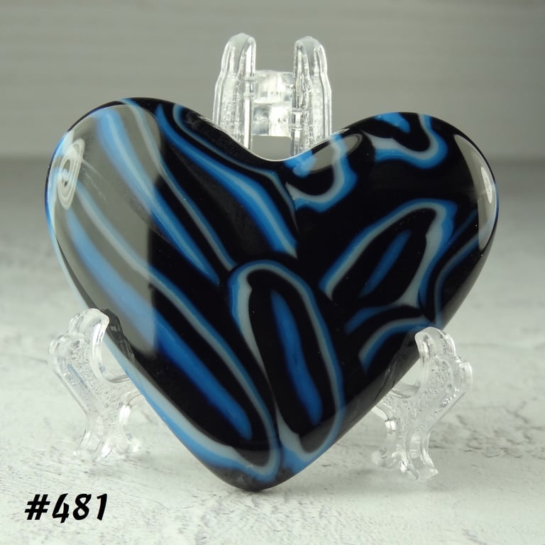 Blue and black fused glass heart with acrylic stand, 5x4.5cm, handcrafted (481)