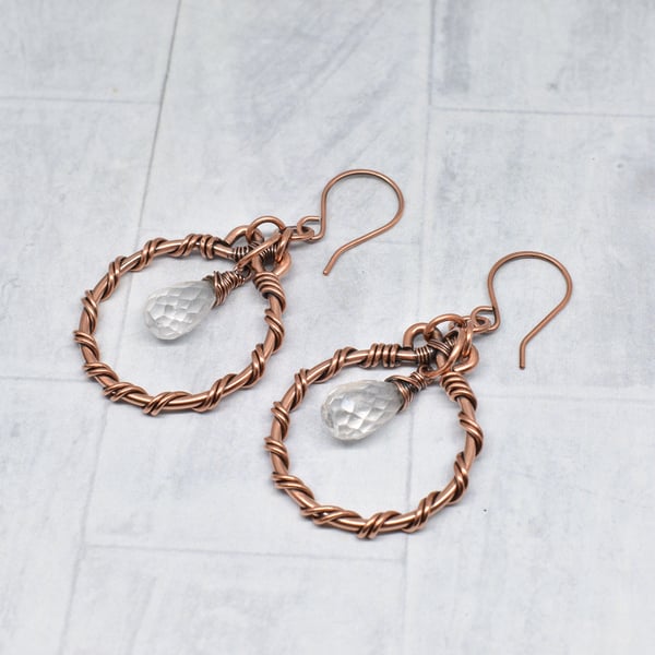 Wire Wrapped Twisted Hoop and Clear Quartz Earrings