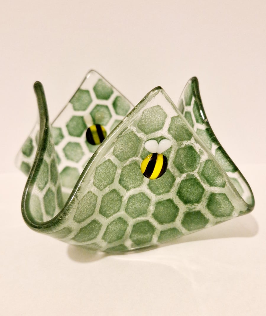 Bee tealight holder - green honeycomb