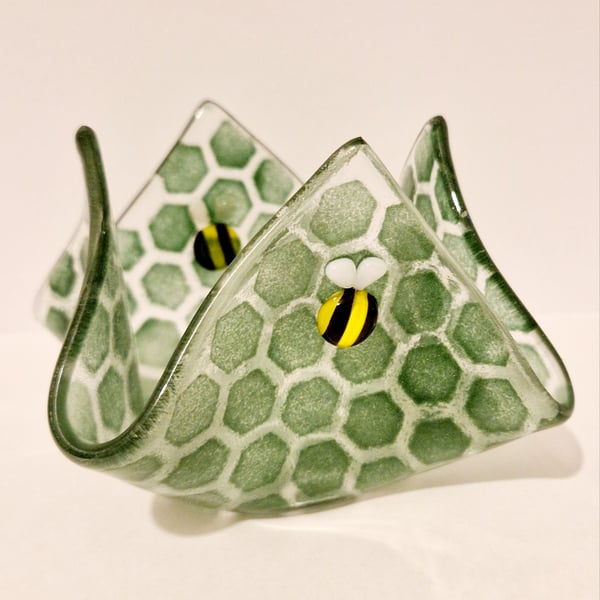 Bee tealight holder - green honeycomb