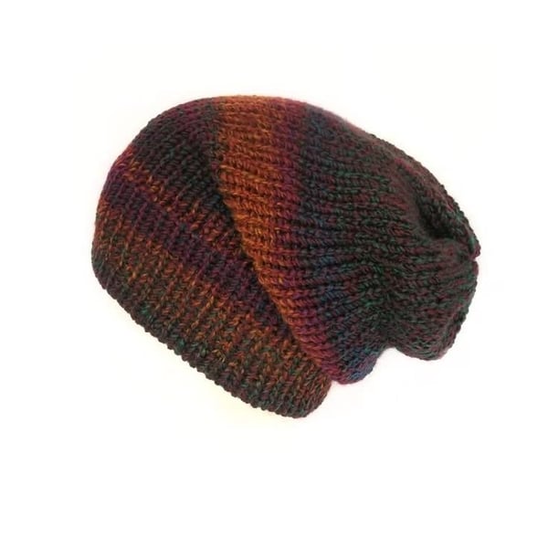 Pheonix slouchy beanie hat, purple and orange, one size fits all, acrylic yarn