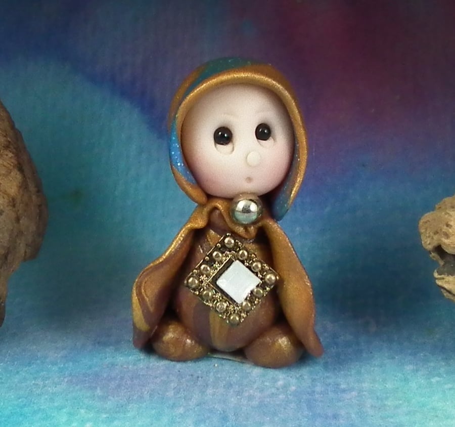 Tiny Garden Gnome 'Lotsy' with jewelled pendant OOAK Sculpt Ann Galvin