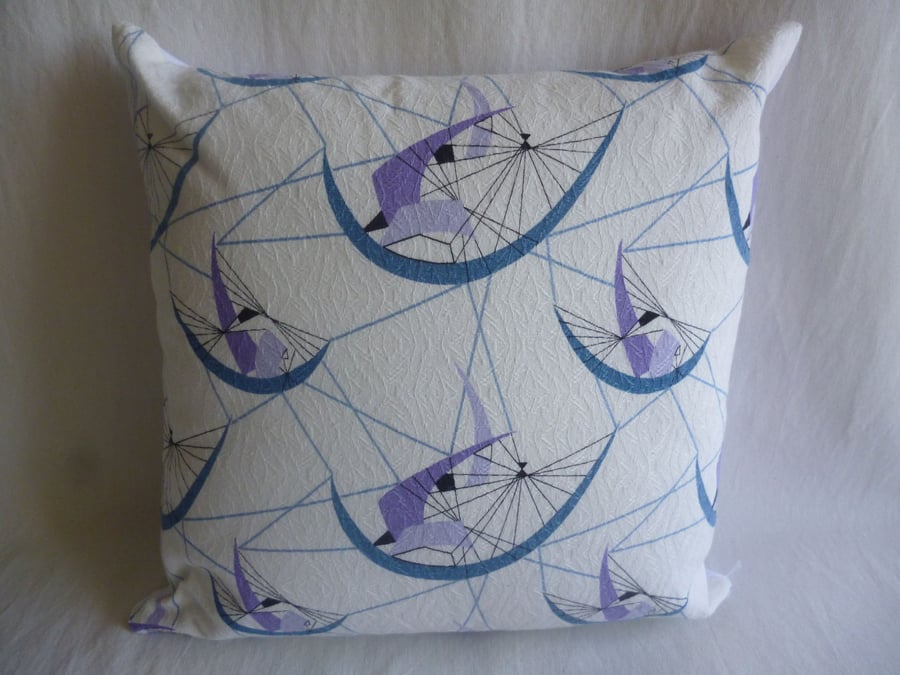 1950s white and lilac barkcloth cushion cover