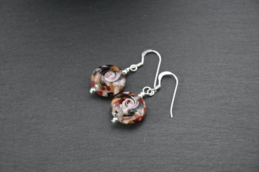 lampwork glass earrings, red pink and black 