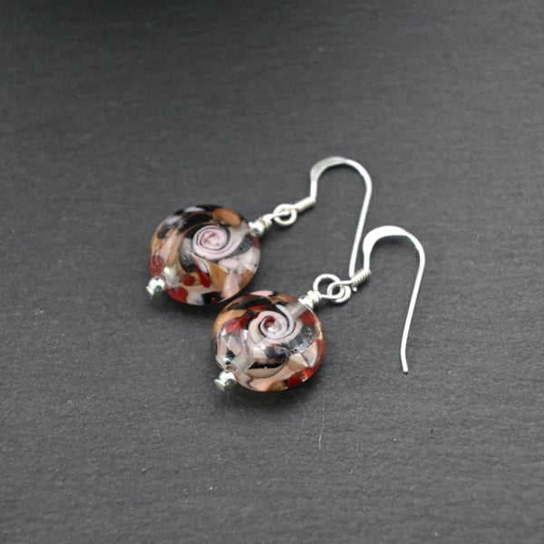lampwork glass earrings, red pink and black 