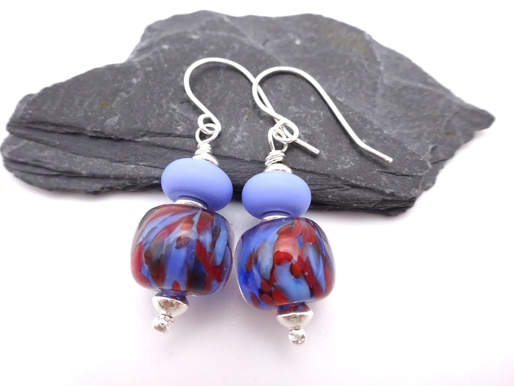 blue and orange lampwork glass earrings
