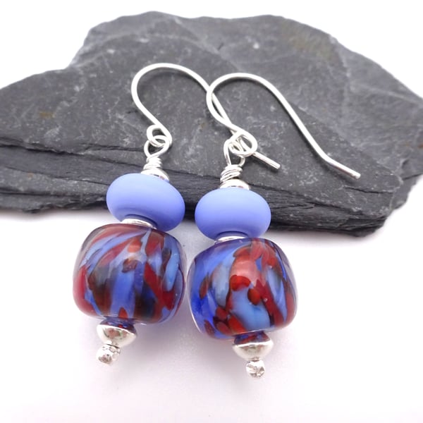 blue and orange lampwork glass earrings