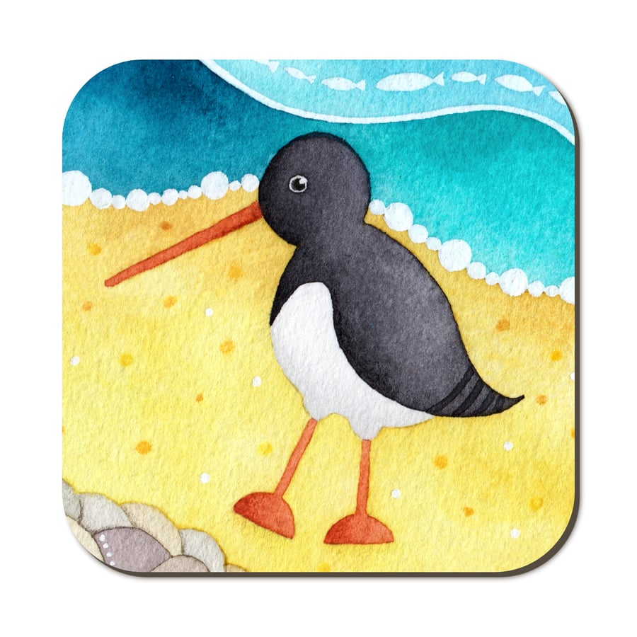 Oystercatcher Coaster. Cute Seaside Watercolour Painting. Coastal Nautical Decor
