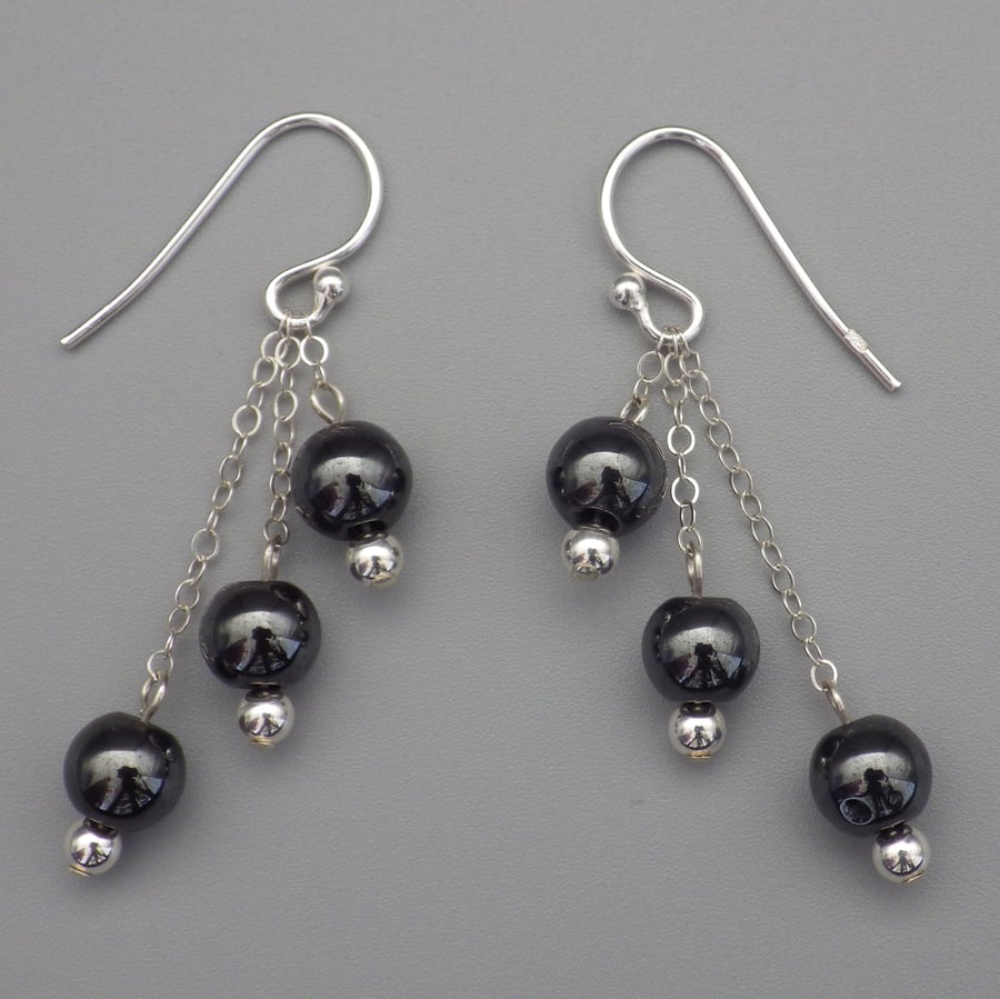 Three tier round haematite bead Sterling Silver earrings