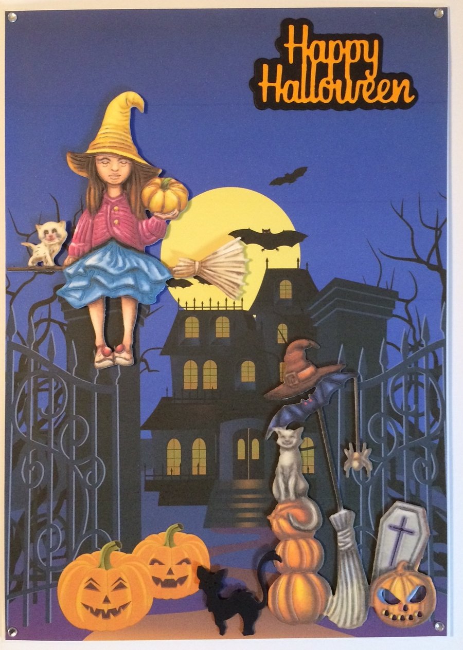 Happy Halloween Card Witch Cats Broomstick Spooky House 3D Luxury Handmade Card