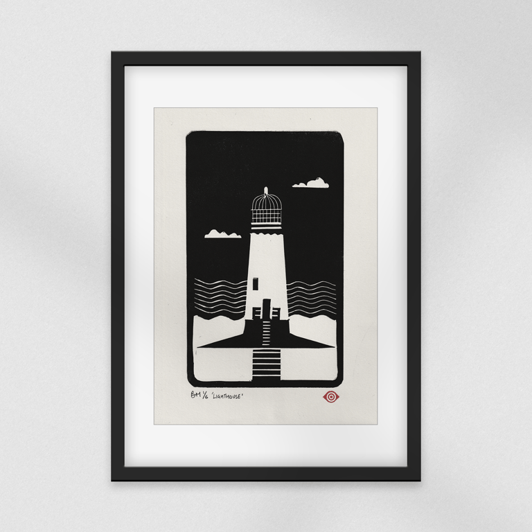 Lighthouse Linocut Print - Limited Edition Handmade Coastal Art